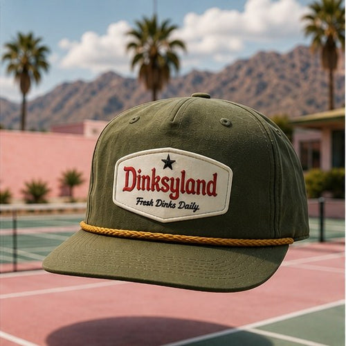 Court 02 · The Classic — Loden Dinksyland Richardson 256 rope cap at a palm-lined pickleball court