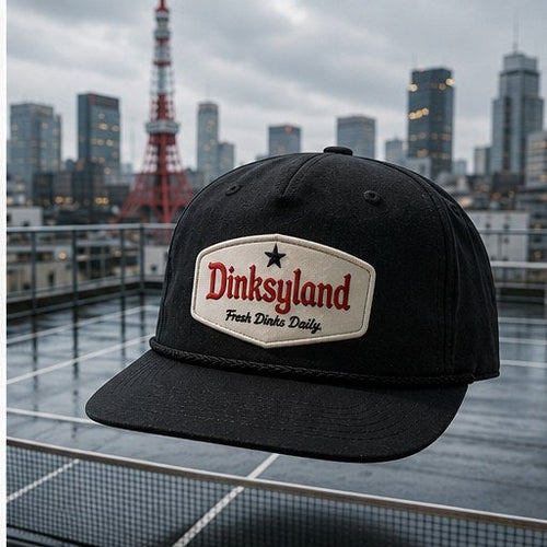 Court 03 · Heritage — Black Dinksyland Richardson 256 rope cap on a Tokyo rooftop