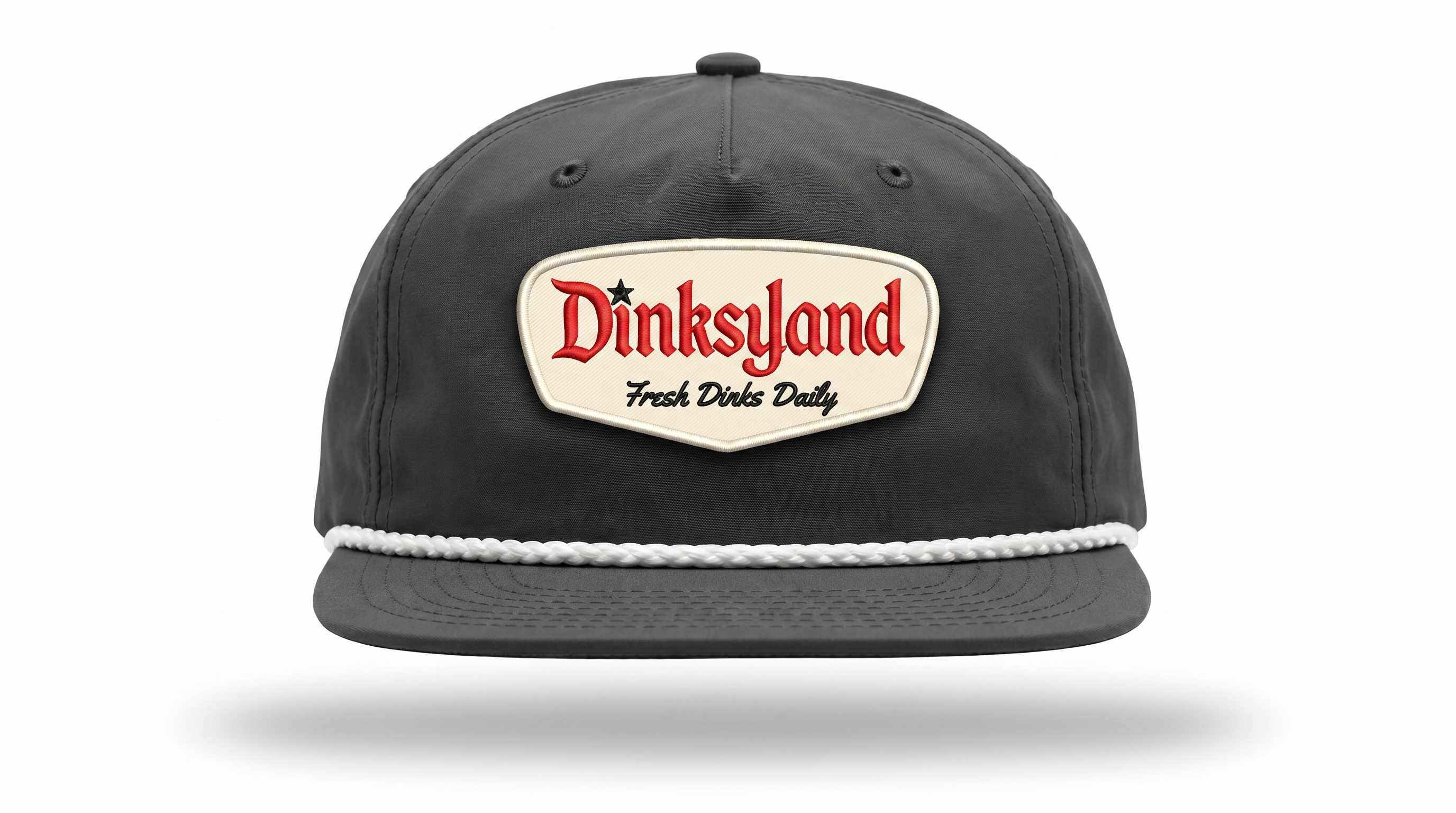 Off-White — Charcoal Richardson 256 rope cap with white rope and a gold embroidered Dinksyland patch.