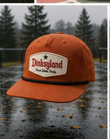 Court 05 · Tuxedo — Dark Orange Dinksyland Richardson 256 rope cap in a Pacific Northwest forest