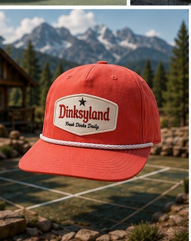 Court 06 · The Crest — Red Dinksyland Richardson 256 rope cap at an alpine mountain court