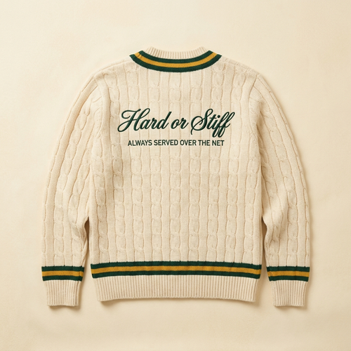 The Club Cardigan, back — Hard or Stiff, Always Served Over the Net