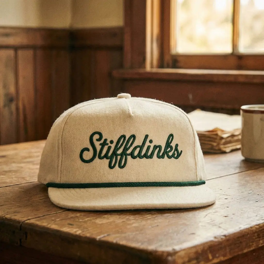 Beige cap with 'Stiffdinks' logo on a wooden surface