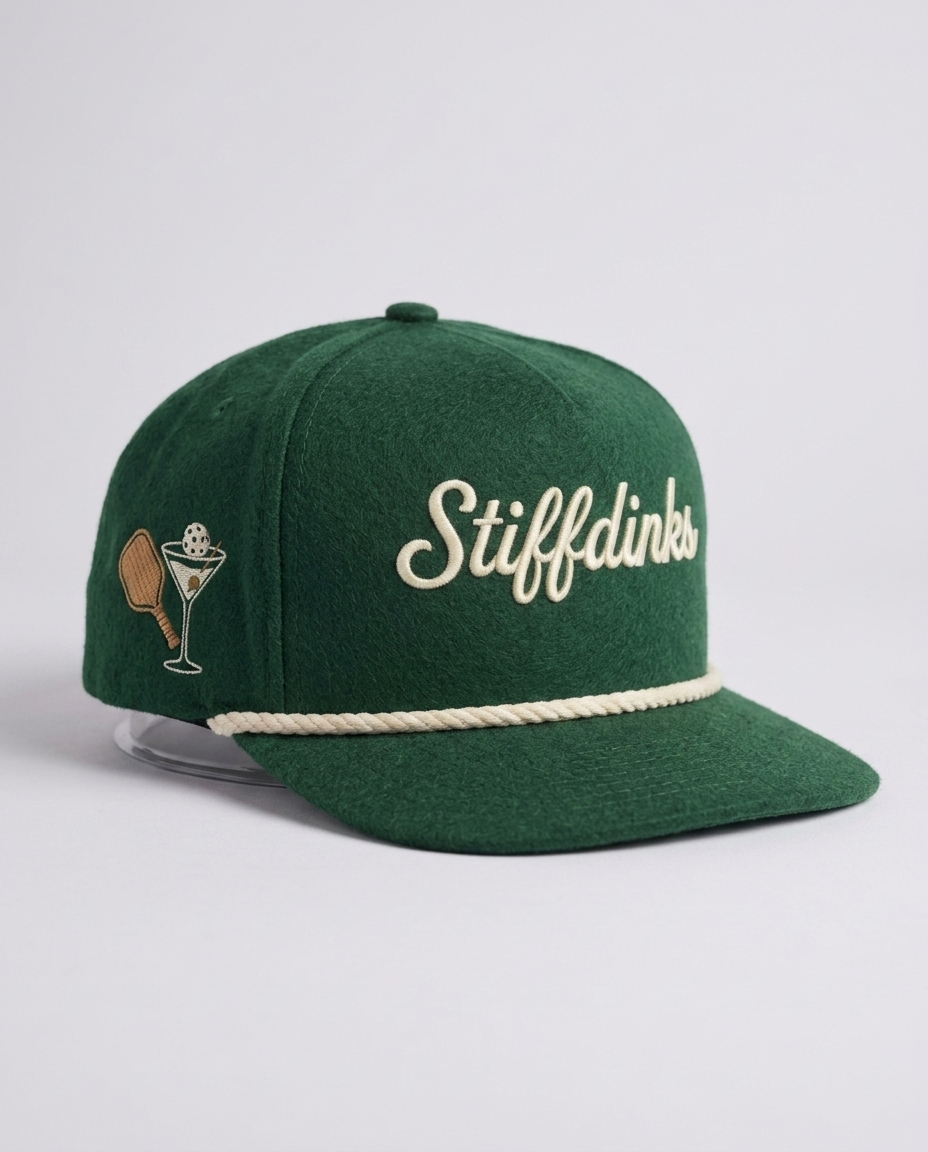 The Members' Cap — Stiffdinks Pickleball Country Club. Forest green wool rope cap, cream Stiffdinks script, club crest on the side.